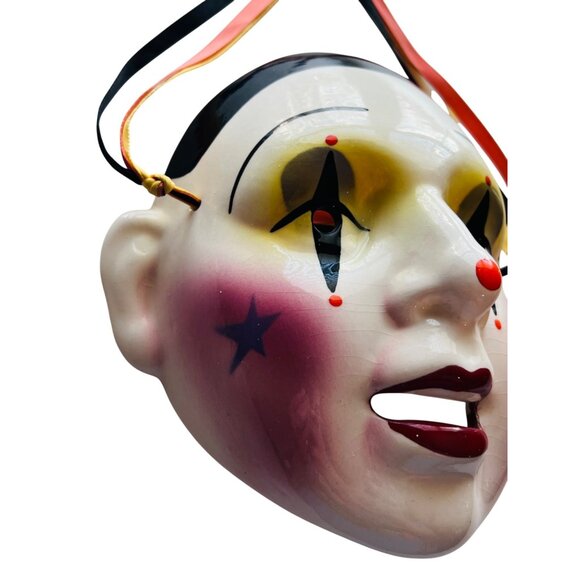 Vintage Clay Clown Face Mask With Ribbon Straps - Costume, Decor, Or Collectors - Picture 3 of 7